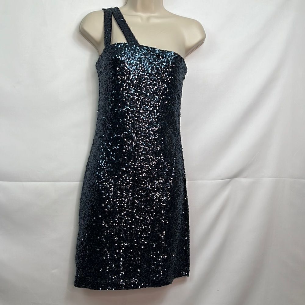 Aqua Navy Blue Sequins one Shoulder Body Con mini dress size medium EUC